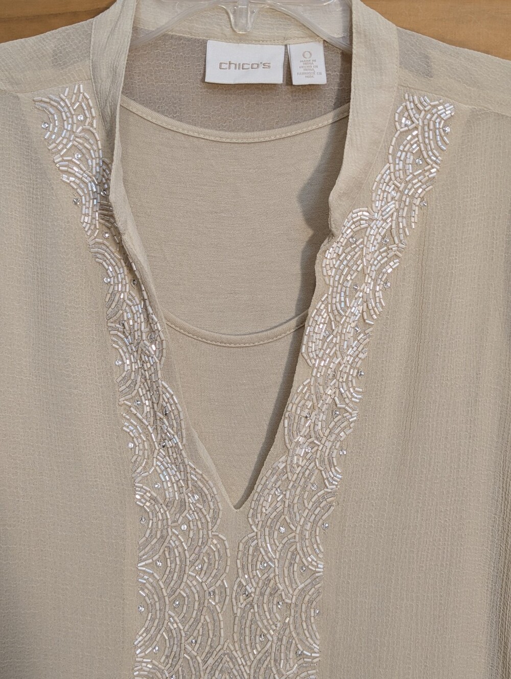 Chico's Drama Embellished Tunic Cashew Cream Beige LS Blouse Sz 0/Sm Boho Flowy - Picture 11 of 16